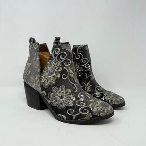 Naughty Monkey Seleni Ankle Boot Womens 9 Gray Sequin Velvet Western Embroidered
